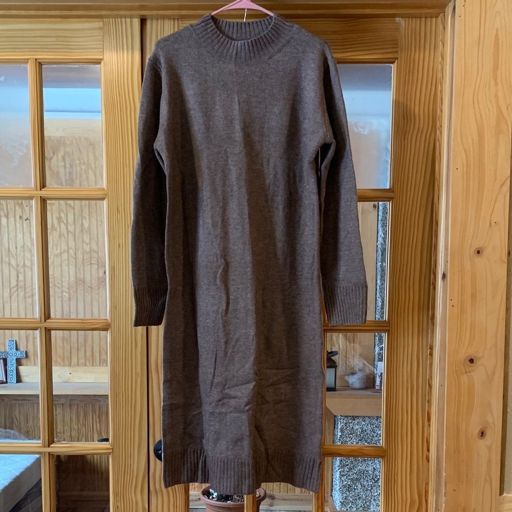 Women's Heather Chocolate Brown Relaxed Fit Long Sleeve Sweater Midi Dress XL/12